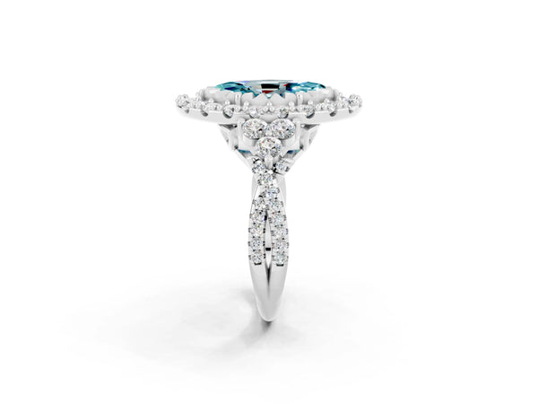 Silver Marquise Cut Blue Topaz Halo Ring with Pavé Band and Four-Prong Setting