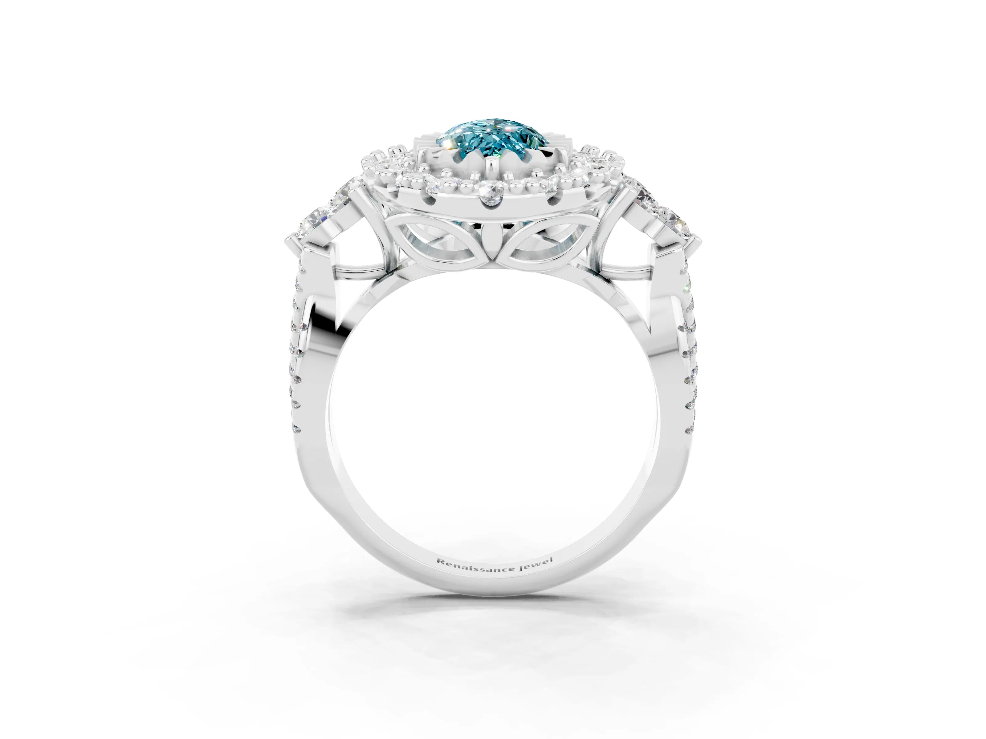 White gold Marquise Cut Blue Topaz Halo Ring with Pavé Band and Four-Prong Setting_15