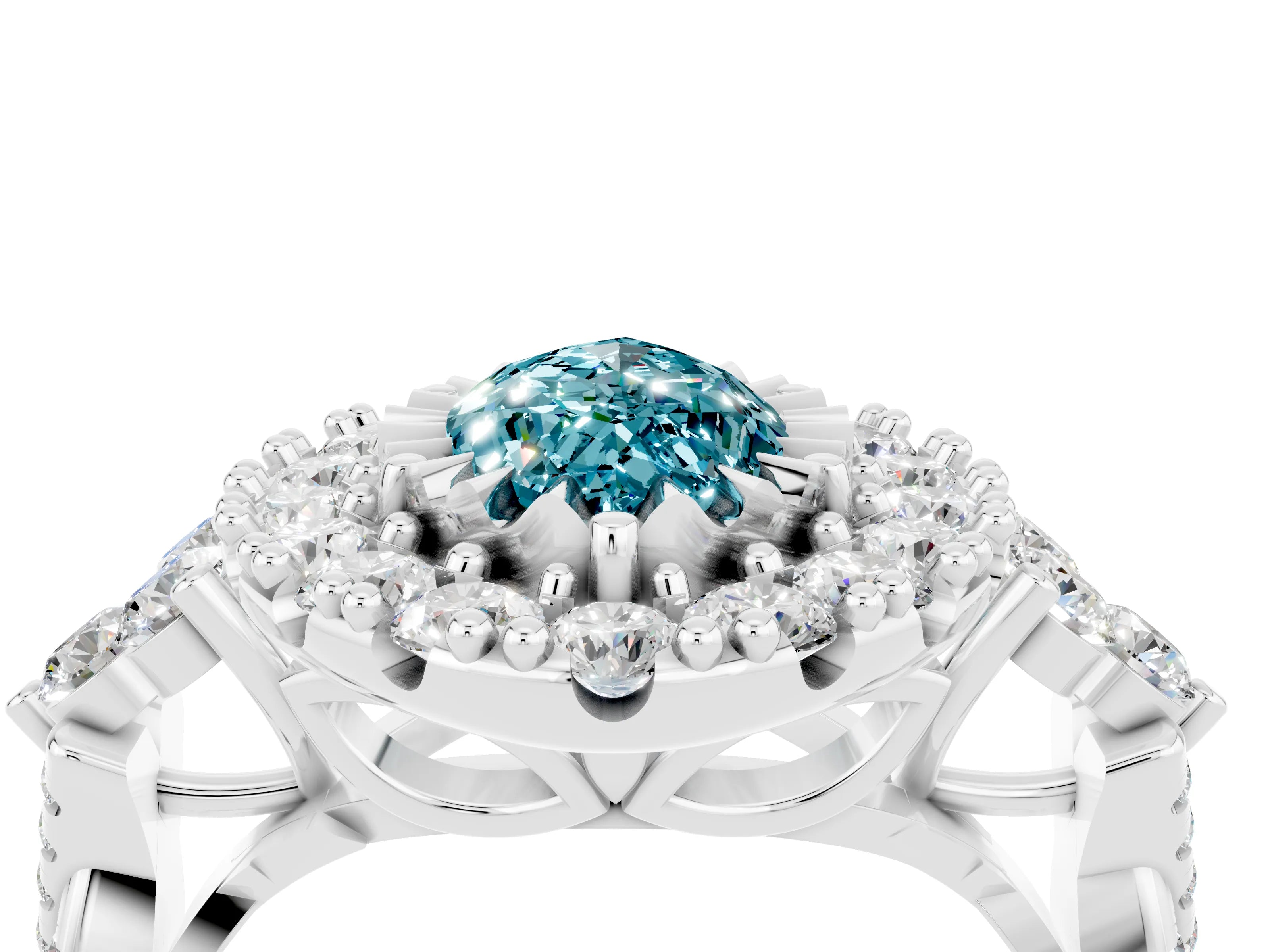 White gold Marquise Cut Blue Topaz Halo Ring with Pavé Band and Four-Prong Setting_16