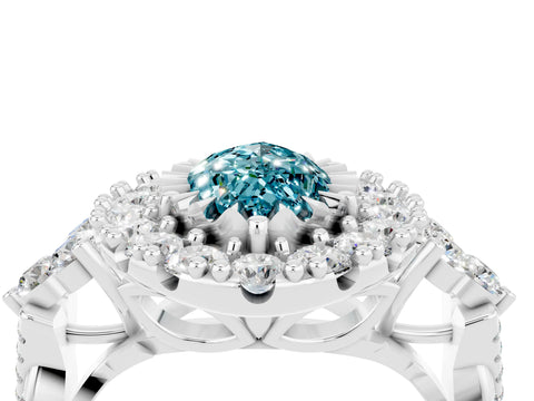 White gold Marquise Cut Blue Topaz Halo Ring with Pavé Band and Four-Prong Setting_16