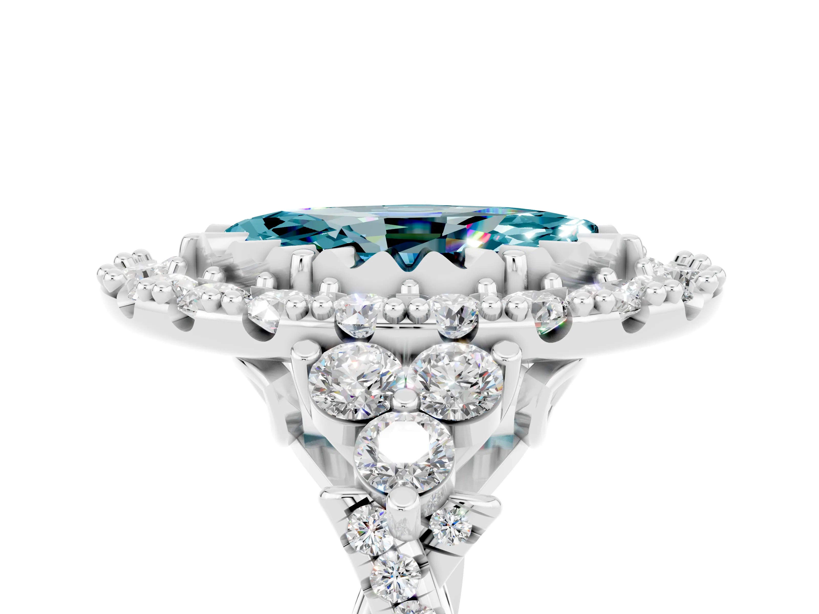 White gold Marquise Cut Blue Topaz Halo Ring with Pavé Band and Four-Prong Setting_17