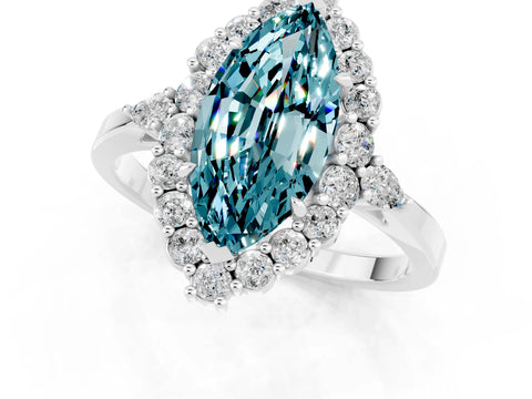 White gold Marquise Cut Blue Topaz Halo Ring with Pear Side Stones and Prong Setting_43
