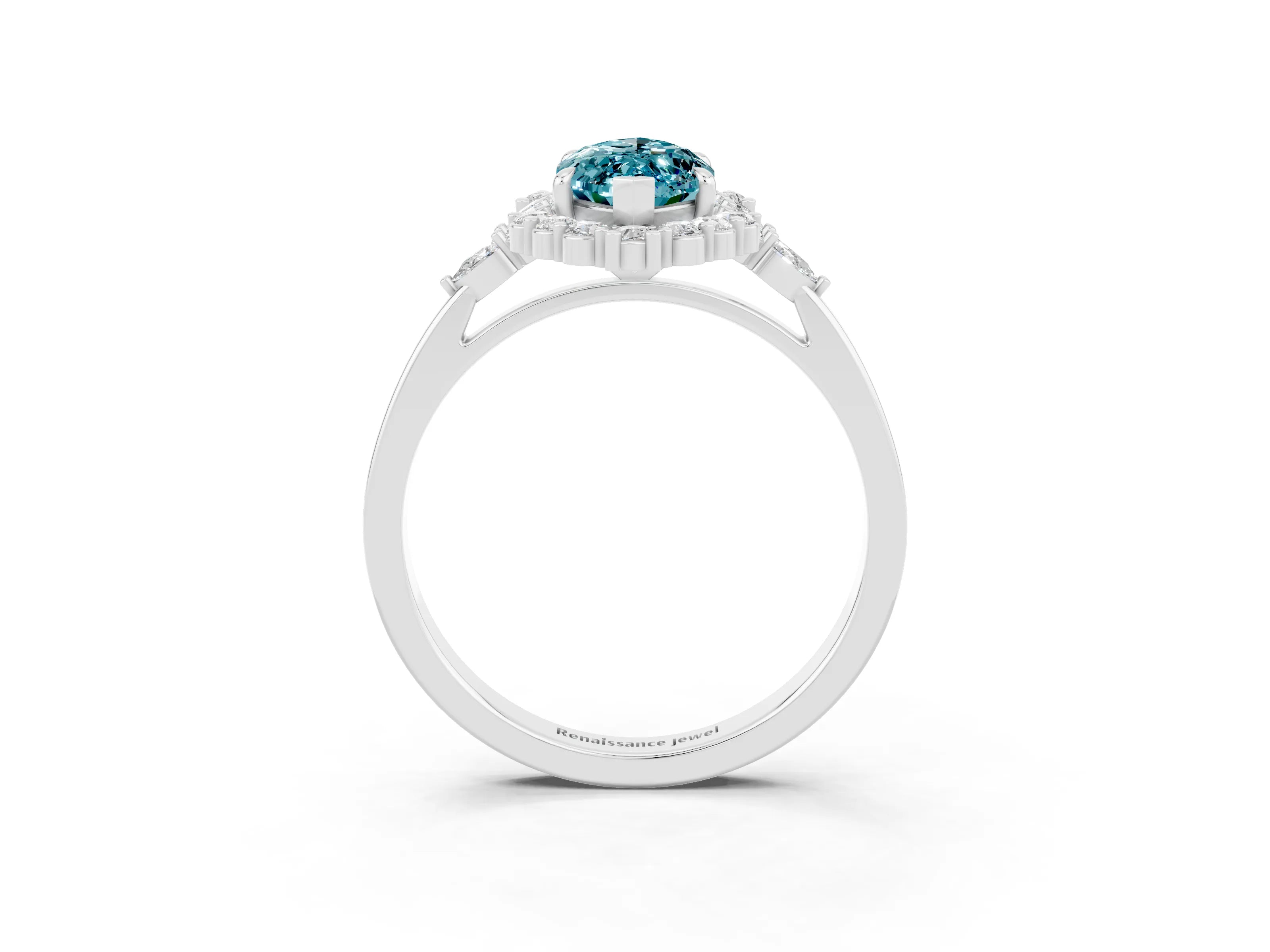 White gold Marquise Cut Blue Topaz Halo Ring with Pear Side Stones and Prong Setting_45