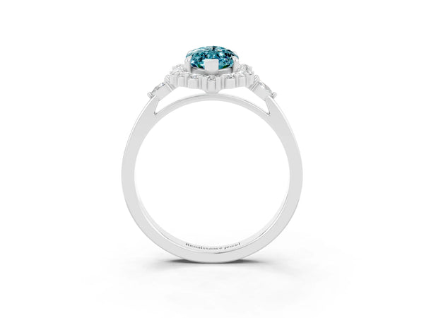 White gold Marquise Cut Blue Topaz Halo Ring with Pear Side Stones and Prong Setting
