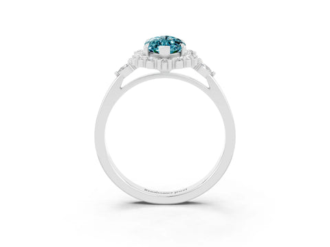 White gold Marquise Cut Blue Topaz Halo Ring with Pear Side Stones and Prong Setting_45