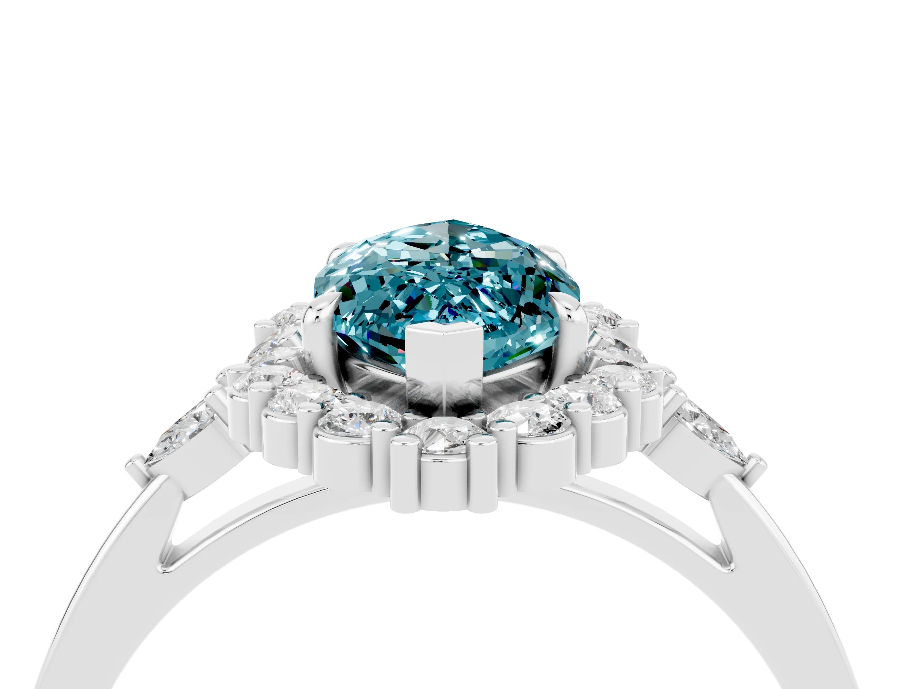 White gold Marquise Cut Blue Topaz Halo Ring with Pear Side Stones and Prong Setting_46