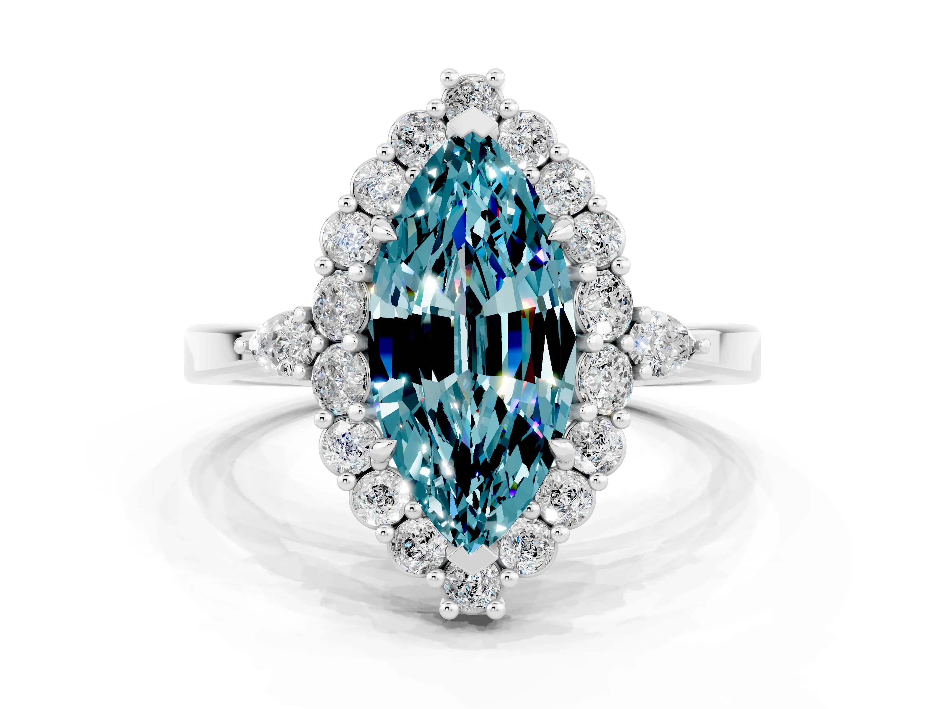 White gold Marquise Cut Blue Topaz Halo Ring with Pear Side Stones and Prong Setting_48