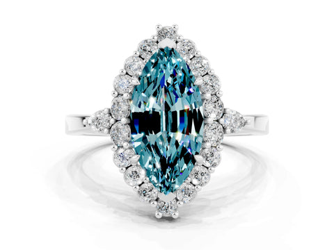 White gold Marquise Cut Blue Topaz Halo Ring with Pear Side Stones and Prong Setting_48