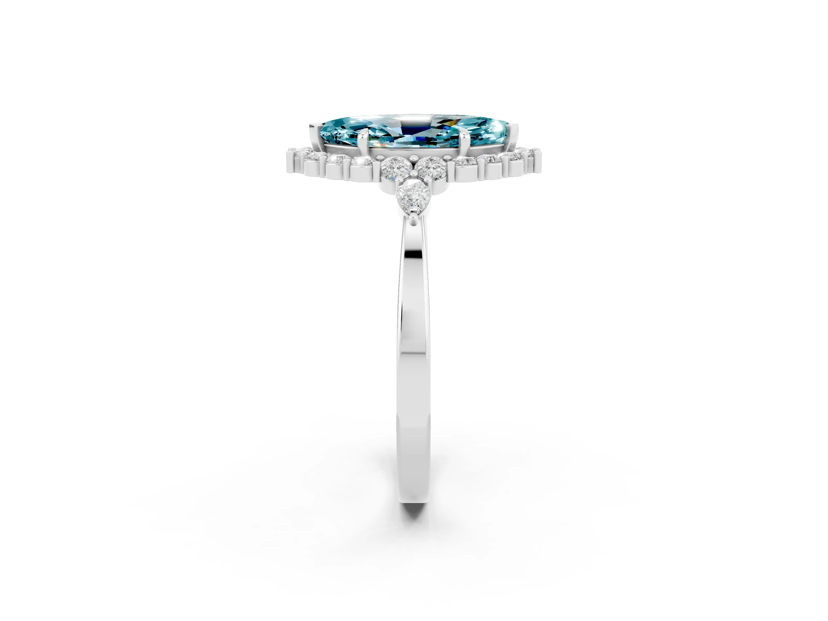 White gold Marquise Cut Blue Topaz Halo Ring with Pear Side Stones and Prong Setting_49