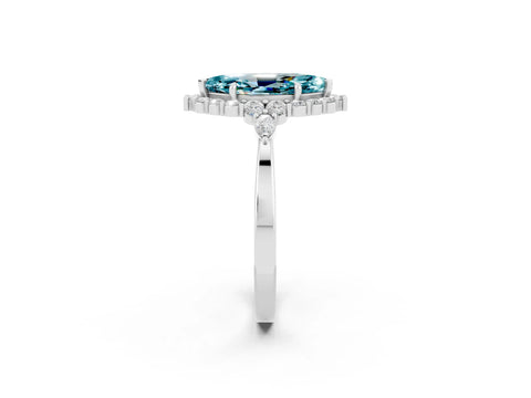 White gold Marquise Cut Blue Topaz Halo Ring with Pear Side Stones and Prong Setting_49