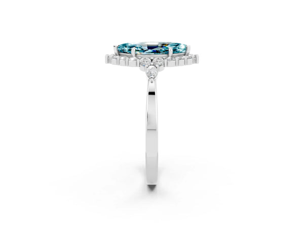 Platinum Marquise Cut Blue Topaz Halo Ring with Pear Side Stones and Prong Setting