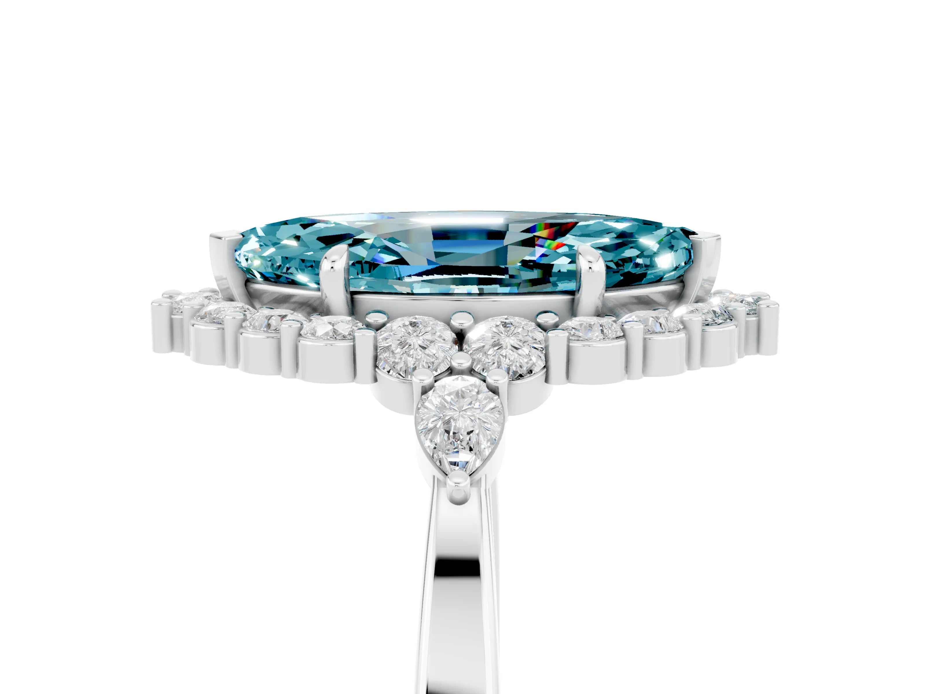 White gold Marquise Cut Blue Topaz Halo Ring with Pear Side Stones and Prong Setting_52
