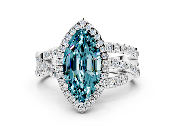 Platinum Marquise Cut Blue Topaz Halo Ring with Round Split Shank and Prong Setting