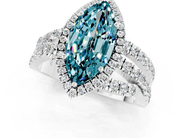 Platinum Marquise Cut Blue Topaz Halo Ring with Round Split Shank and Prong Setting