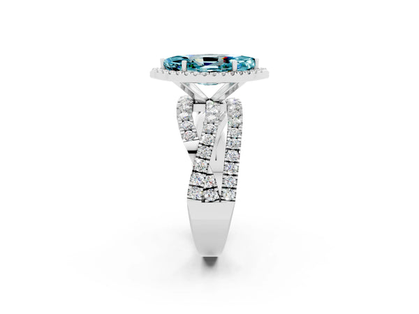 Platinum Marquise Cut Blue Topaz Halo Ring with Round Split Shank and Prong Setting
