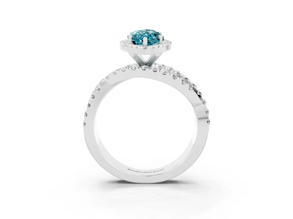 Silver Marquise Cut Blue Topaz Halo Ring with Round Split Shank and Prong Setting