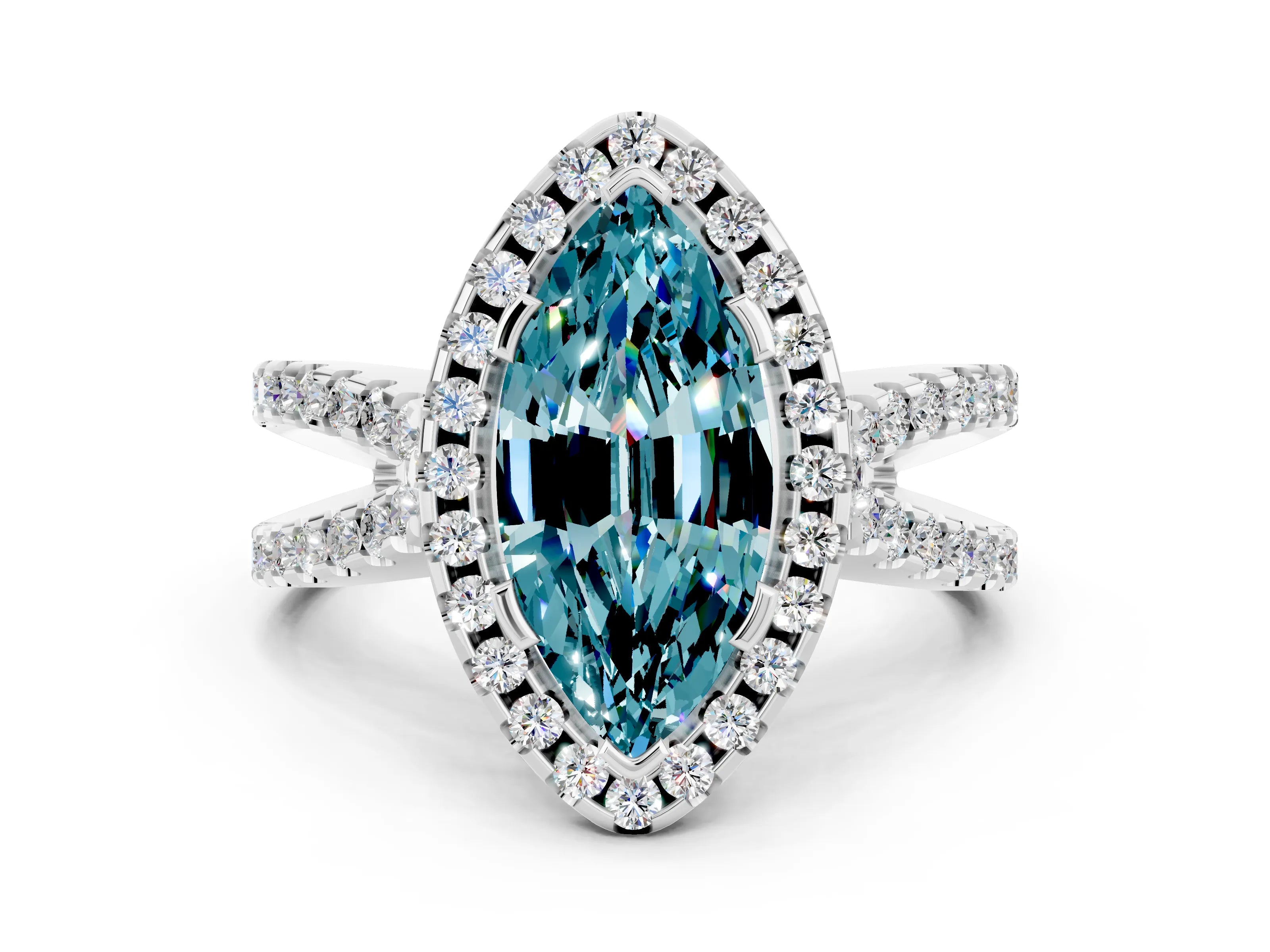 White gold Marquise Cut Blue Topaz Halo Ring with Split Shank Pavé Band and Prong Setting
