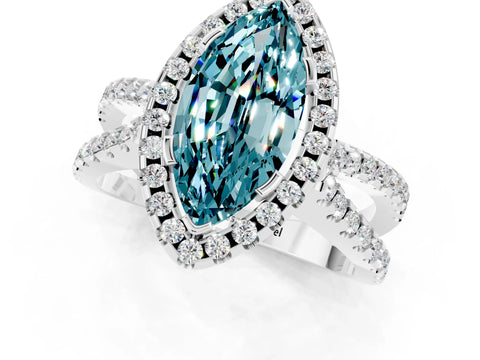 White gold Marquise Cut Blue Topaz Halo Ring with Split Shank Pavé Band and Prong Setting_1