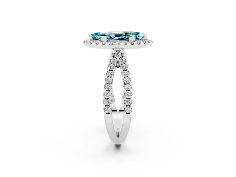 White gold Marquise Cut Blue Topaz Halo Ring with Split Shank Pavé Band and Prong Setting_2