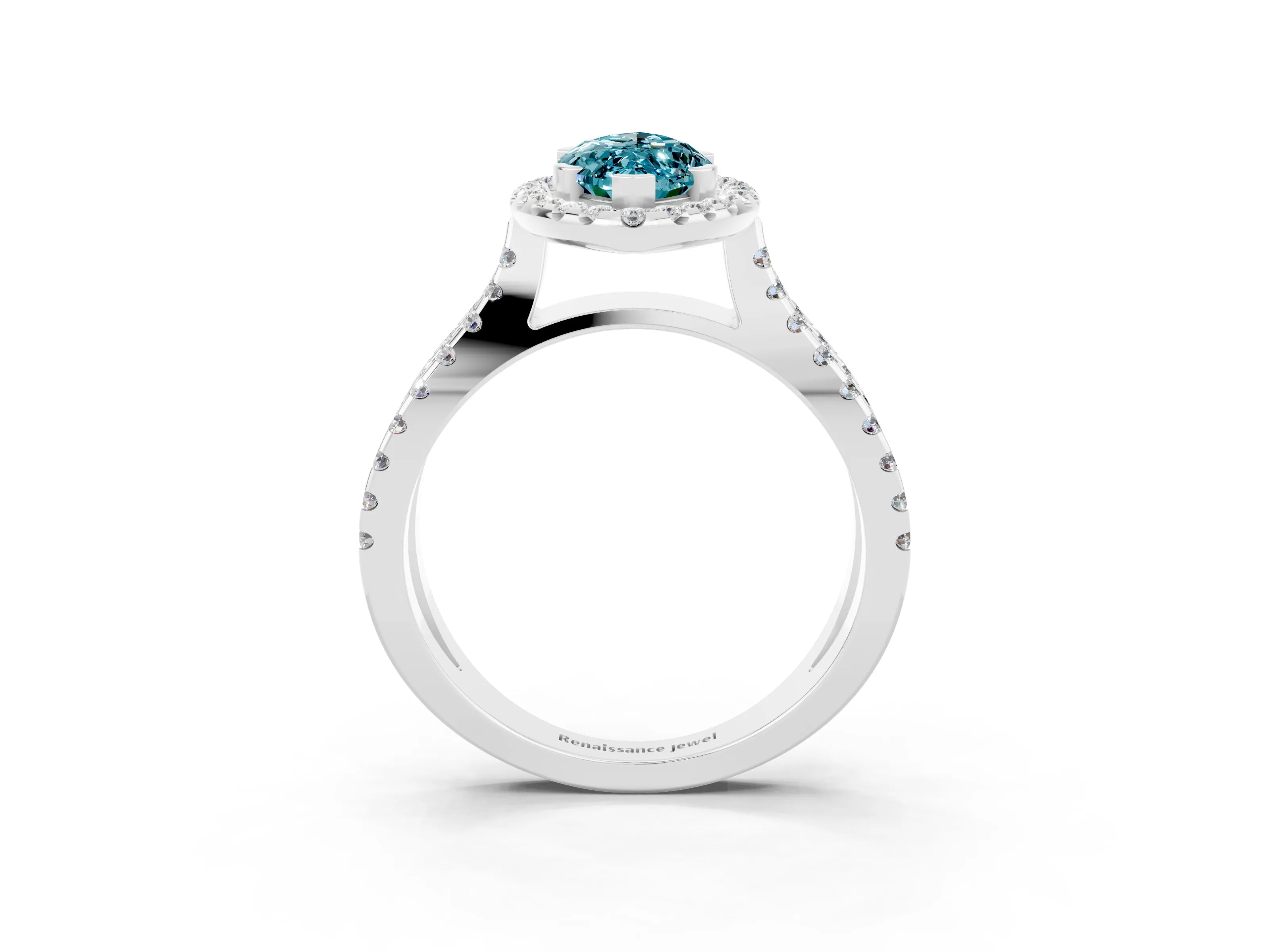 White gold Marquise Cut Blue Topaz Halo Ring with Split Shank Pavé Band and Prong Setting_3