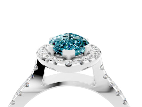 White gold Marquise Cut Blue Topaz Halo Ring with Split Shank Pavé Band and Prong Setting_4