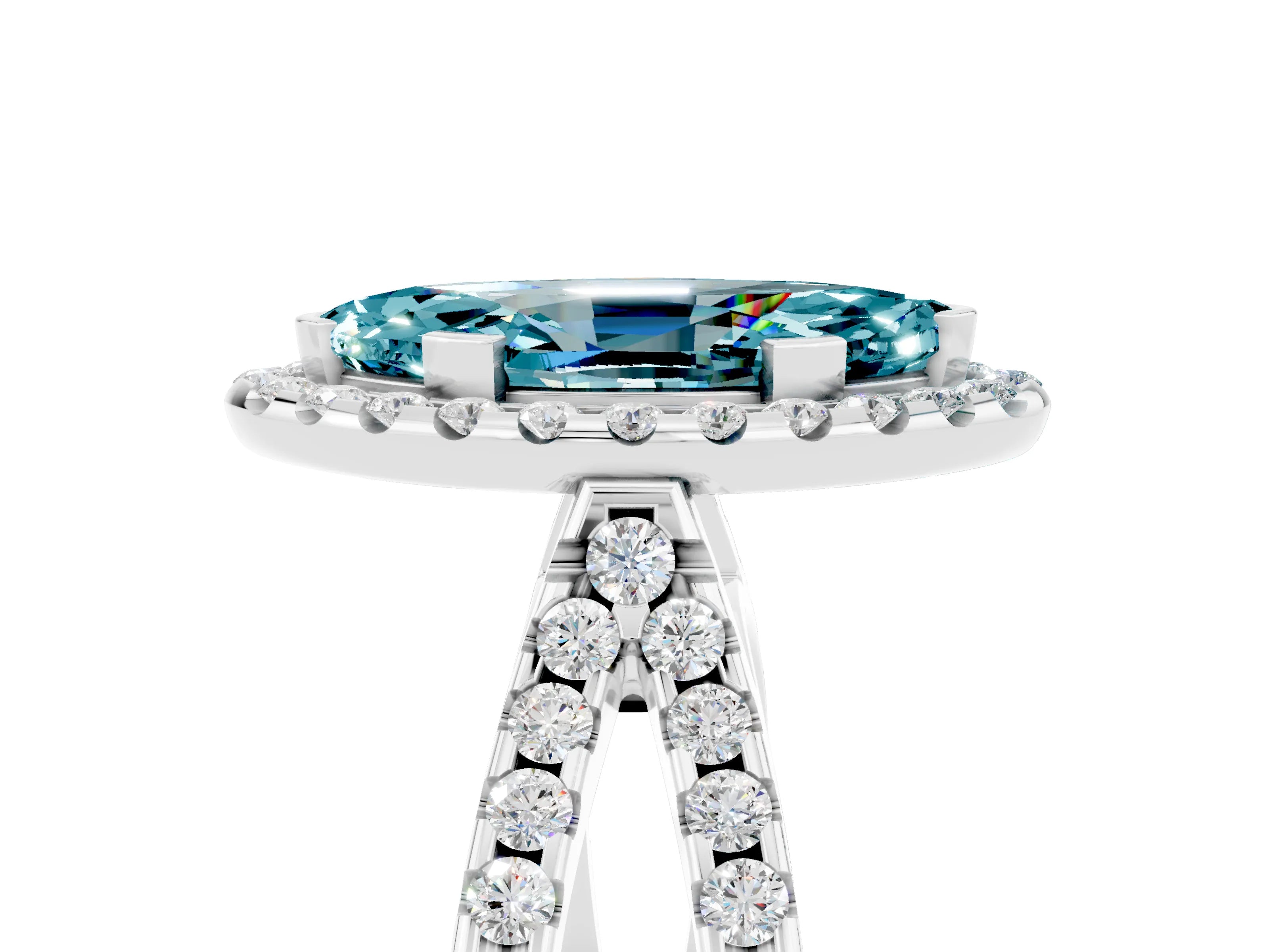 White gold Marquise Cut Blue Topaz Halo Ring with Split Shank Pavé Band and Prong Setting_5