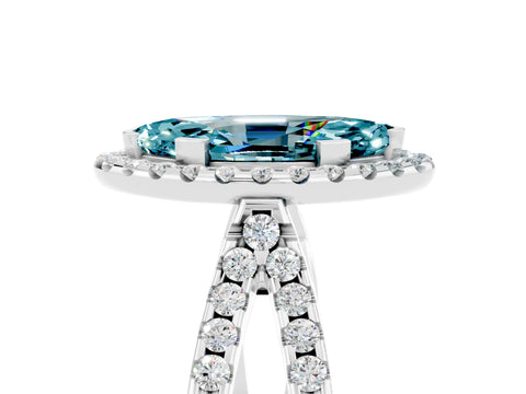 White gold Marquise Cut Blue Topaz Halo Ring with Split Shank Pavé Band and Prong Setting_5
