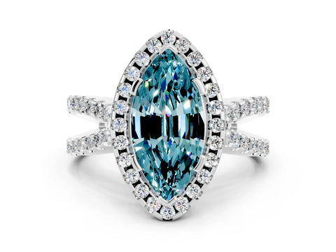 White gold Marquise Cut Blue Topaz Halo Ring with Split Shank Pavé Band and Prong Setting