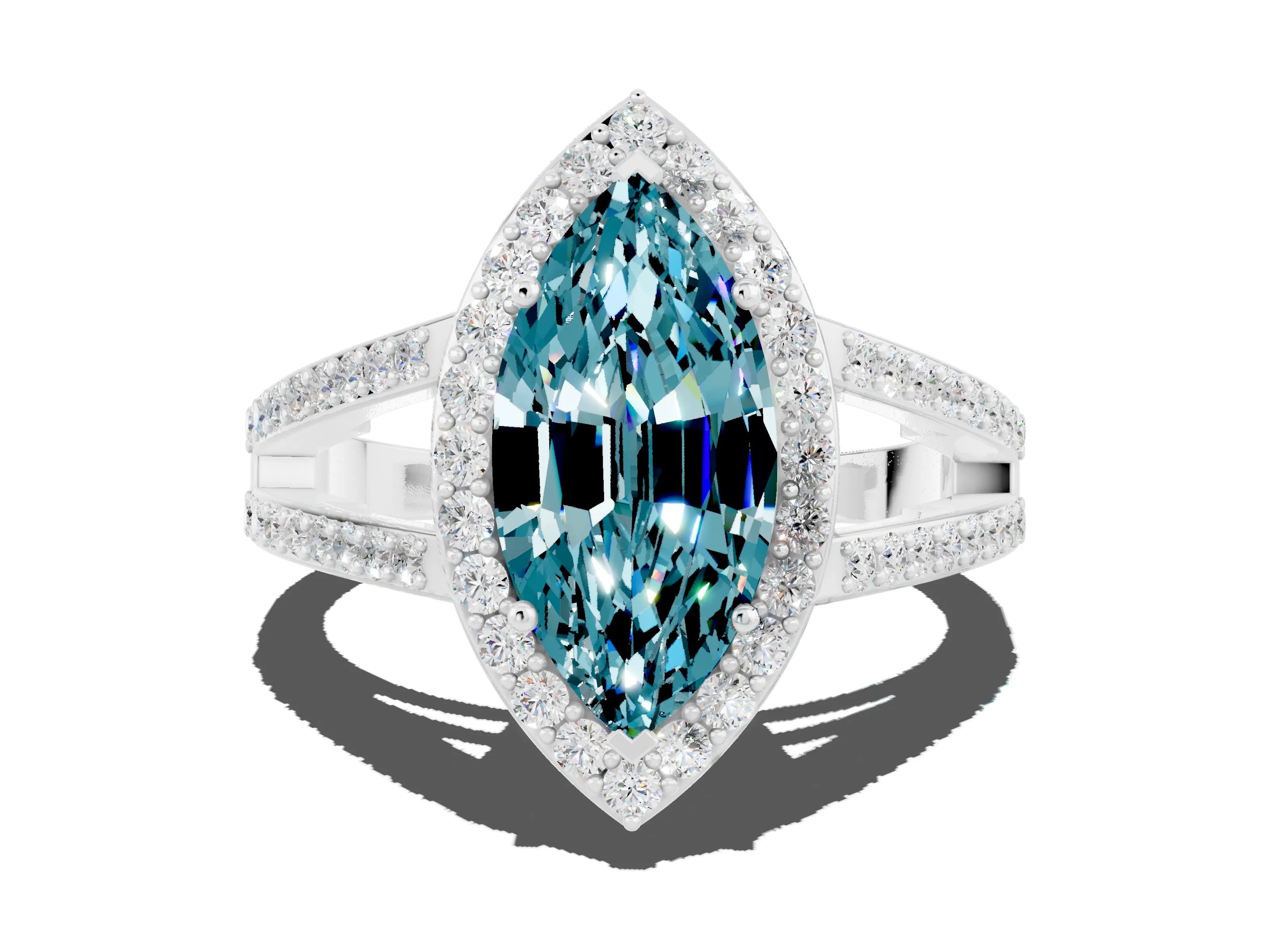 White gold Marquise Cut Blue Topaz Halo Ring with Split Shank U-Prong Band and Four-Prong Setting