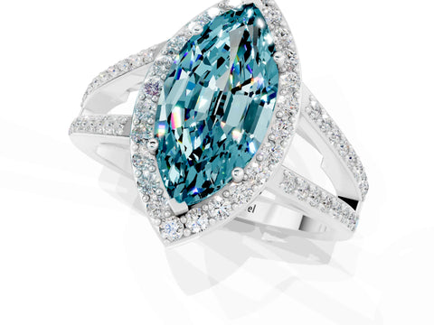 White gold Marquise Cut Blue Topaz Halo Ring with Split Shank U-Prong Band and Four-Prong Setting_1