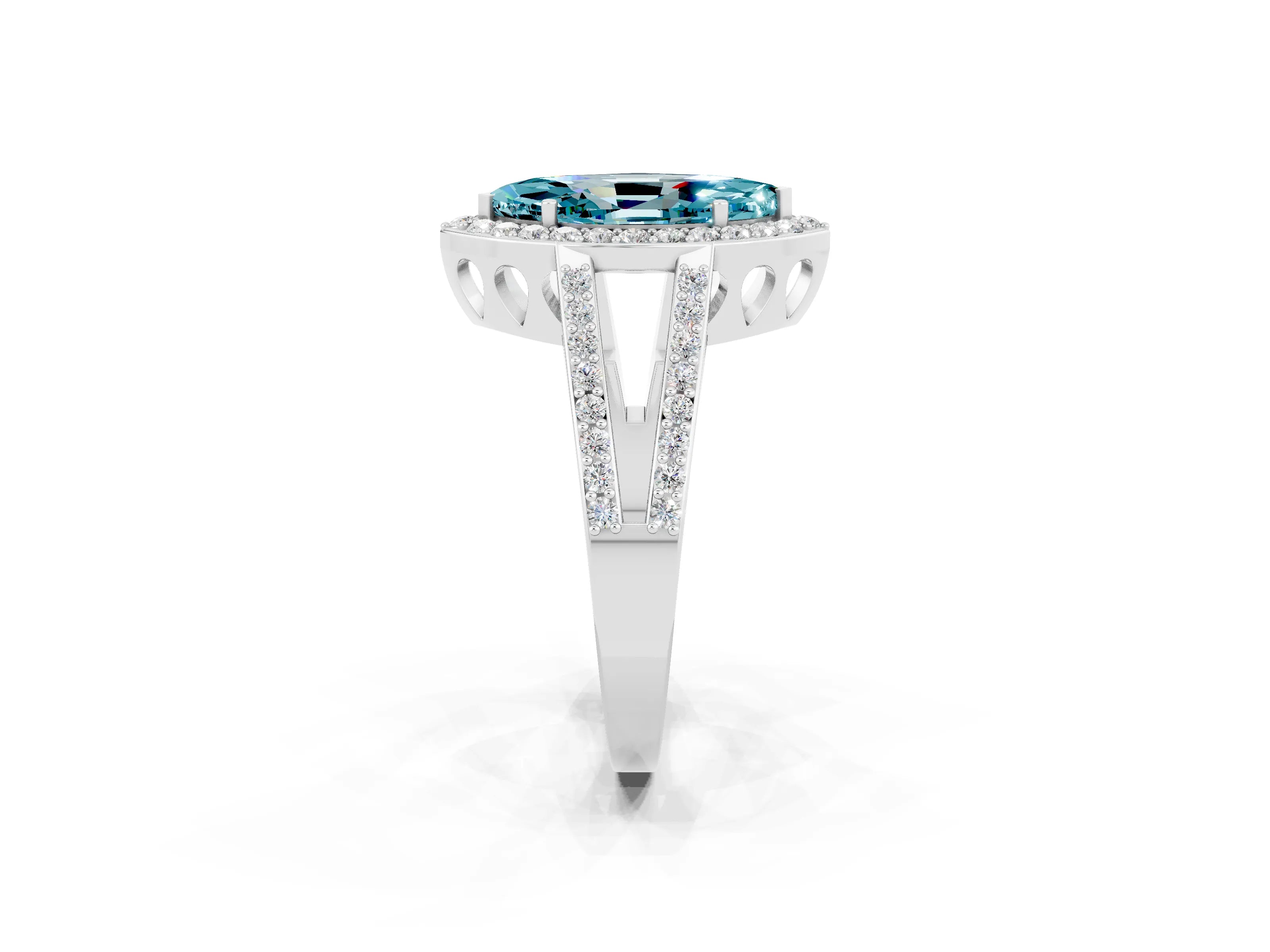 White gold Marquise Cut Blue Topaz Halo Ring with Split Shank U-Prong Band and Four-Prong Setting_2