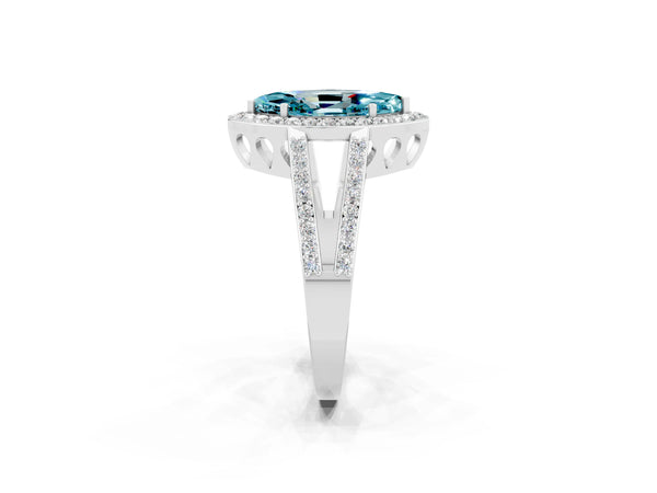 Silver Marquise Cut Blue Topaz Halo Ring with Split Shank U-Prong Band and Four-Prong Setting