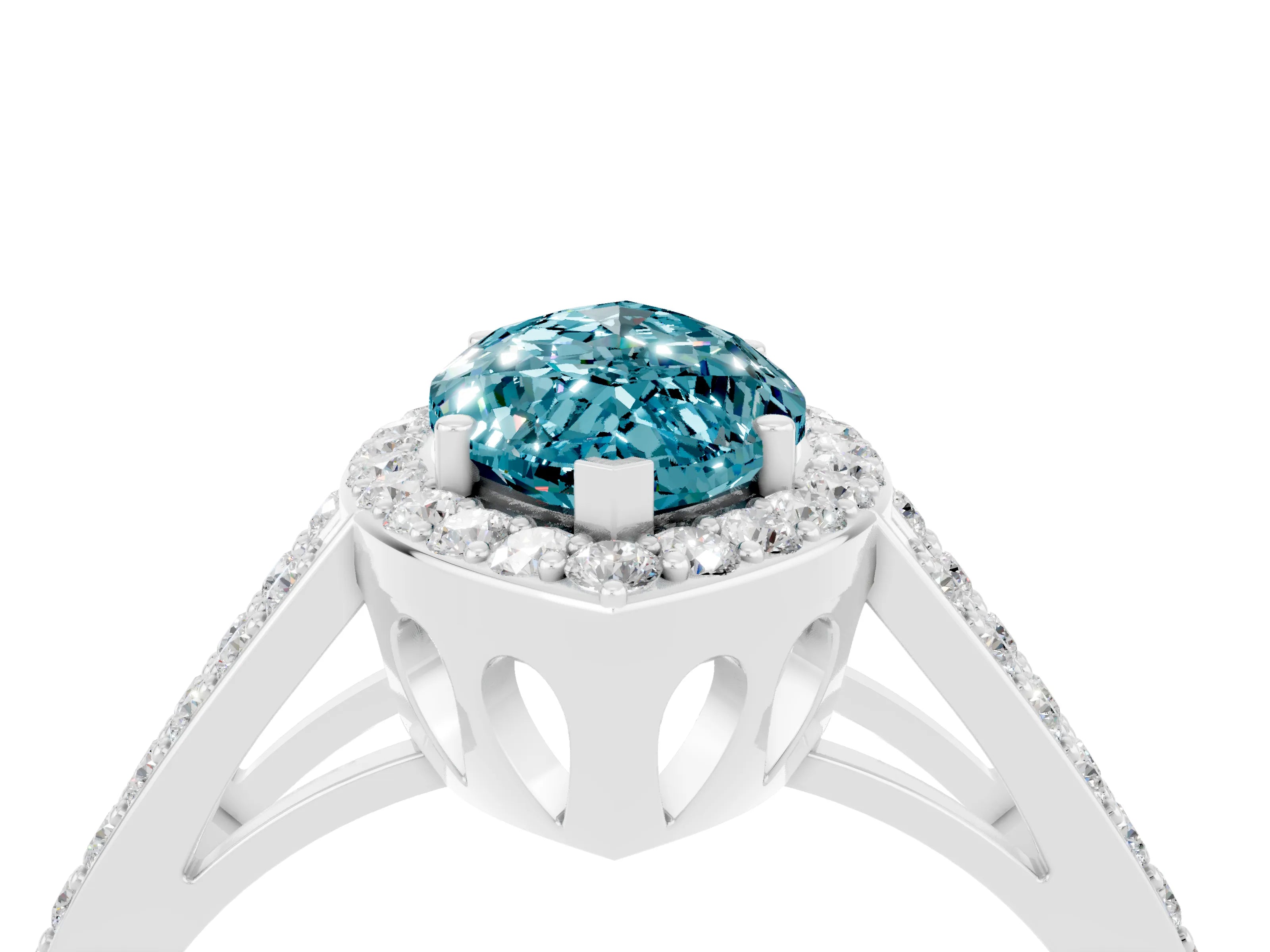White gold Marquise Cut Blue Topaz Halo Ring with Split Shank U-Prong Band and Four-Prong Setting_4