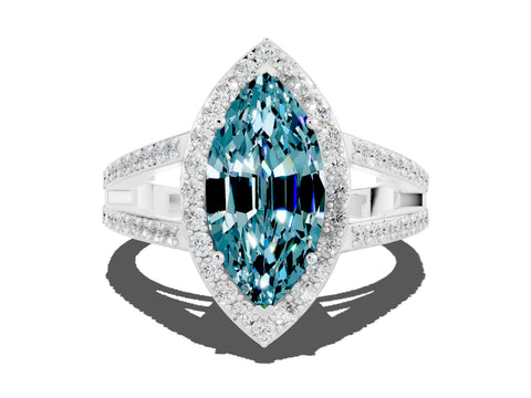 White gold Marquise Cut Blue Topaz Halo Ring with Split Shank U-Prong Band and Four-Prong Setting