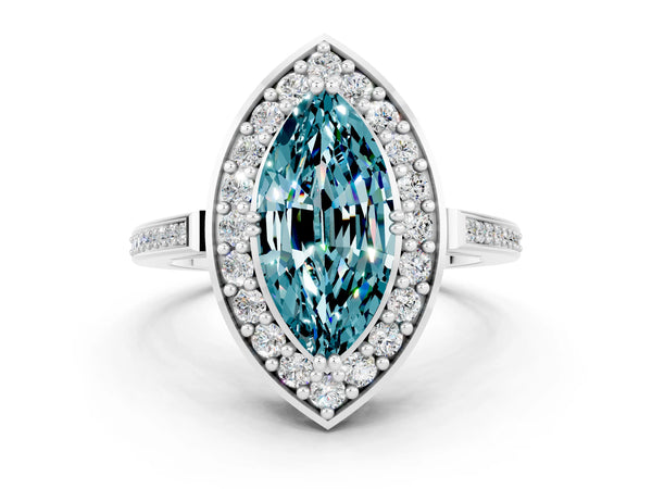 White gold Marquise Cut Blue Topaz Halo Ring with Split Shank and Four-Prong Setting