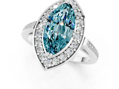 White gold Marquise Cut Blue Topaz Halo Ring with Split Shank and Four-Prong Setting_1
