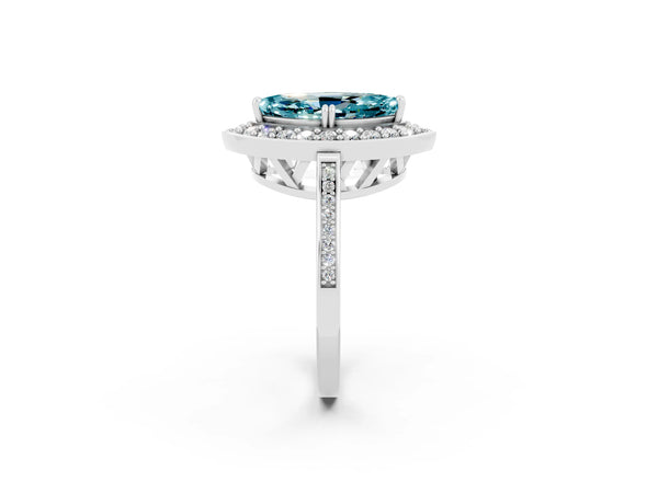 Platinum Marquise Cut Blue Topaz Halo Ring with Split Shank and Four-Prong Setting