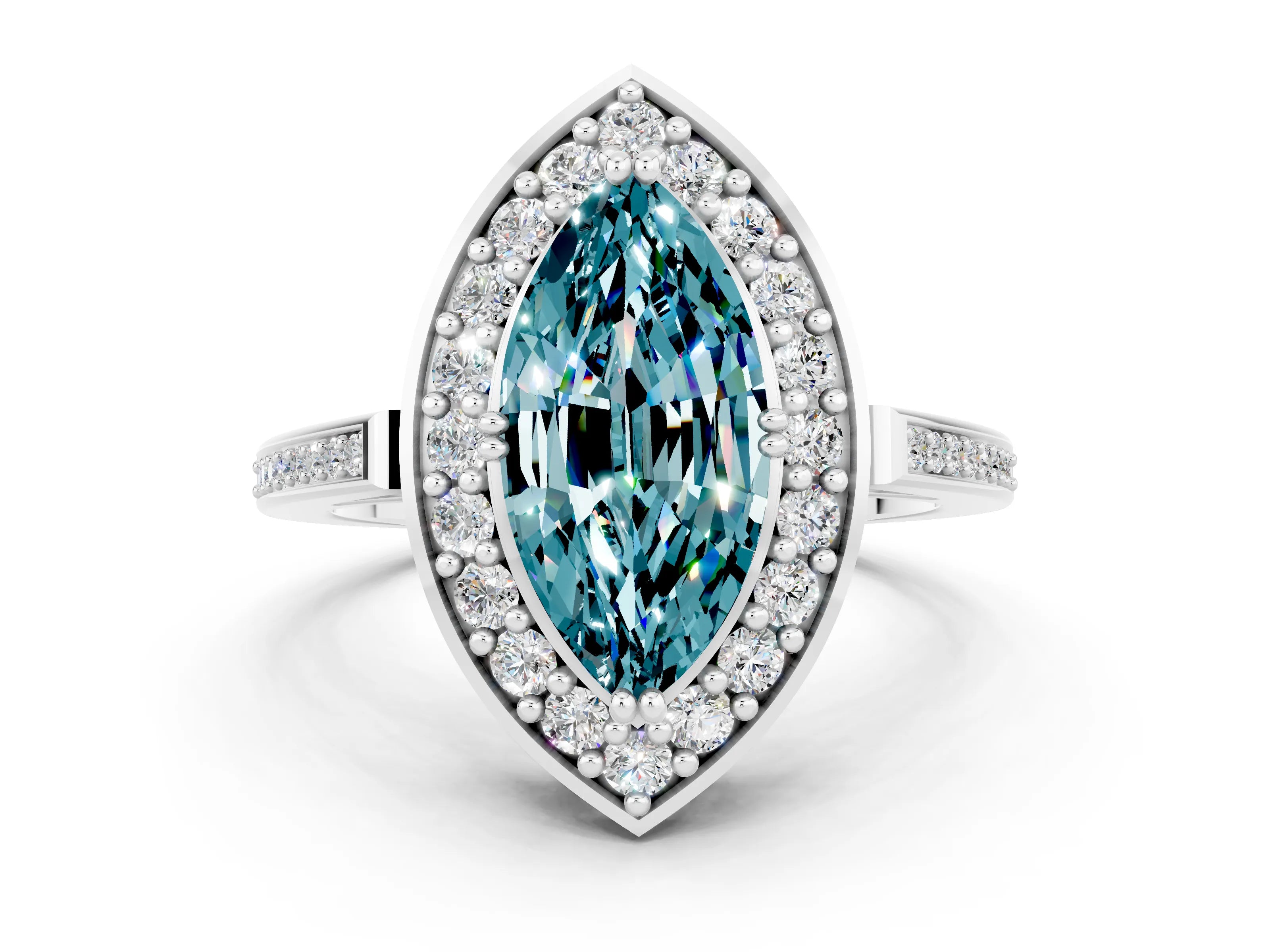 White gold Marquise Cut Blue Topaz Halo Ring with Split Shank and Four-Prong Setting