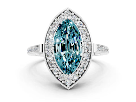 White gold Marquise Cut Blue Topaz Halo Ring with Split Shank and Four-Prong Setting