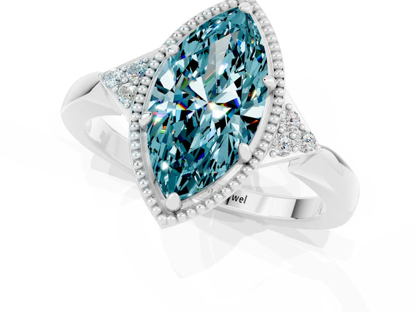 Platinum Marquise Cut Blue Topaz Halo Ring with Tapered Band and Four-Prong Setting