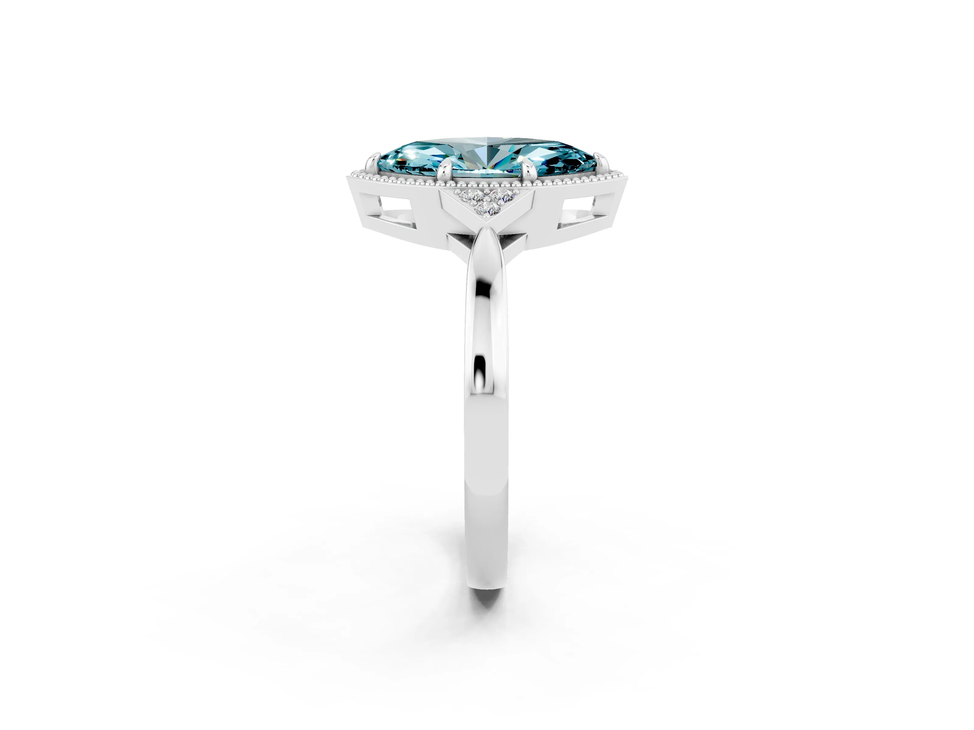 White gold Marquise Cut Blue Topaz Halo Ring with Tapered Band and Four-Prong Setting_2