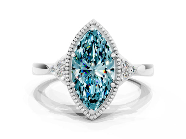 Silver Marquise Cut Blue Topaz Halo Ring with Tapered Band and Four-Prong Setting