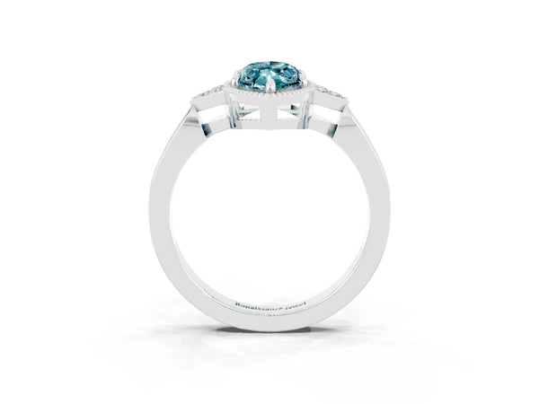 White gold Marquise Cut Blue Topaz Halo Ring with Tapered Band and Four-Prong Setting