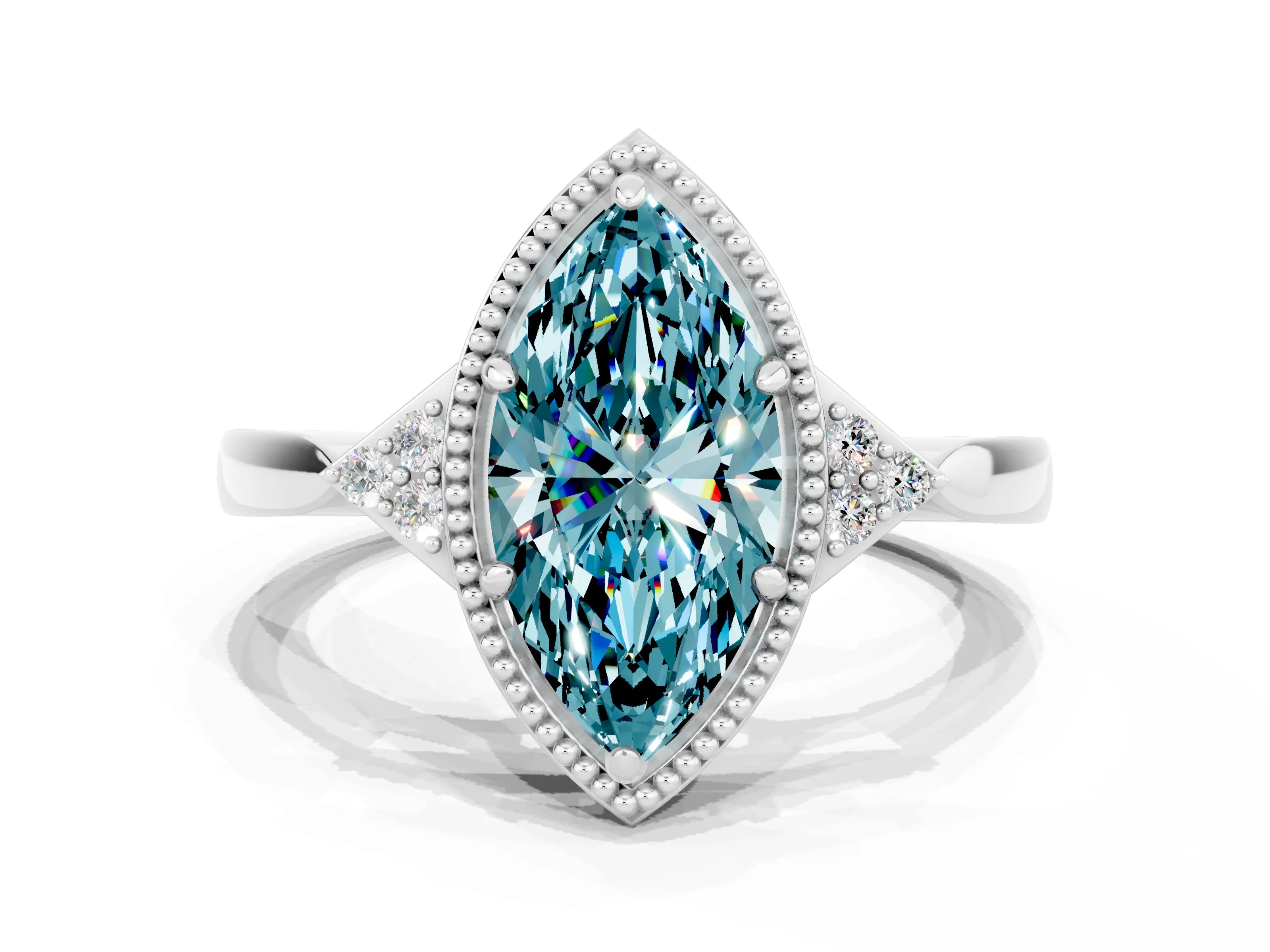 White gold Marquise Cut Blue Topaz Halo Ring with Tapered Band and Four-Prong Setting
