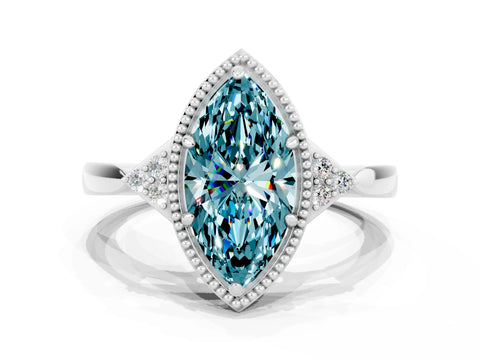 White gold Marquise Cut Blue Topaz Halo Ring with Tapered Band and Four-Prong Setting
