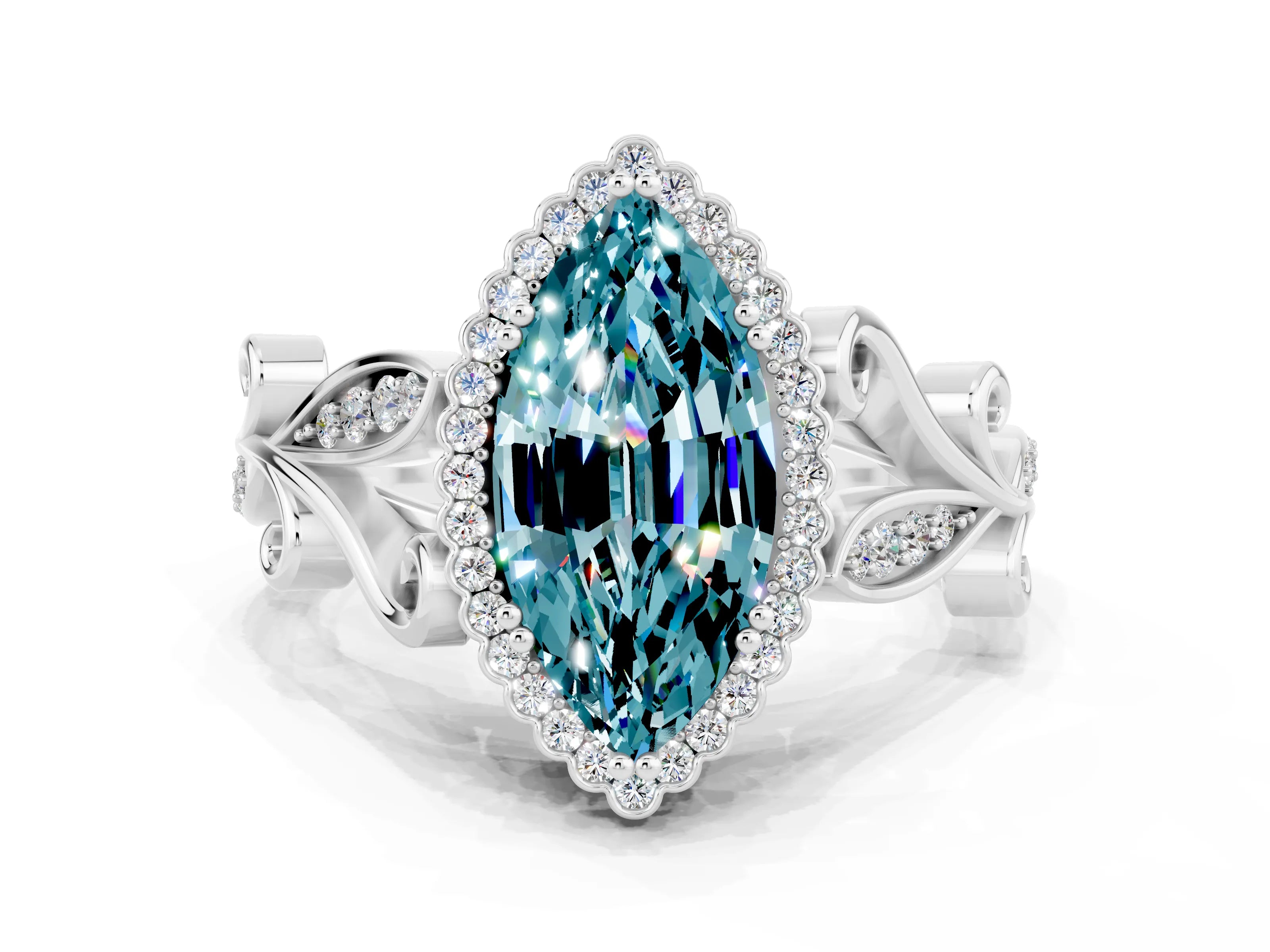 White gold Marquise Cut Blue Topaz Halo Ring with Vintage Split Shank and Four-Prong Setting_42