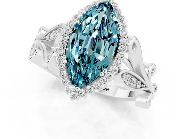 White gold Marquise Cut Blue Topaz Halo Ring with Vintage Split Shank and Four-Prong Setting
