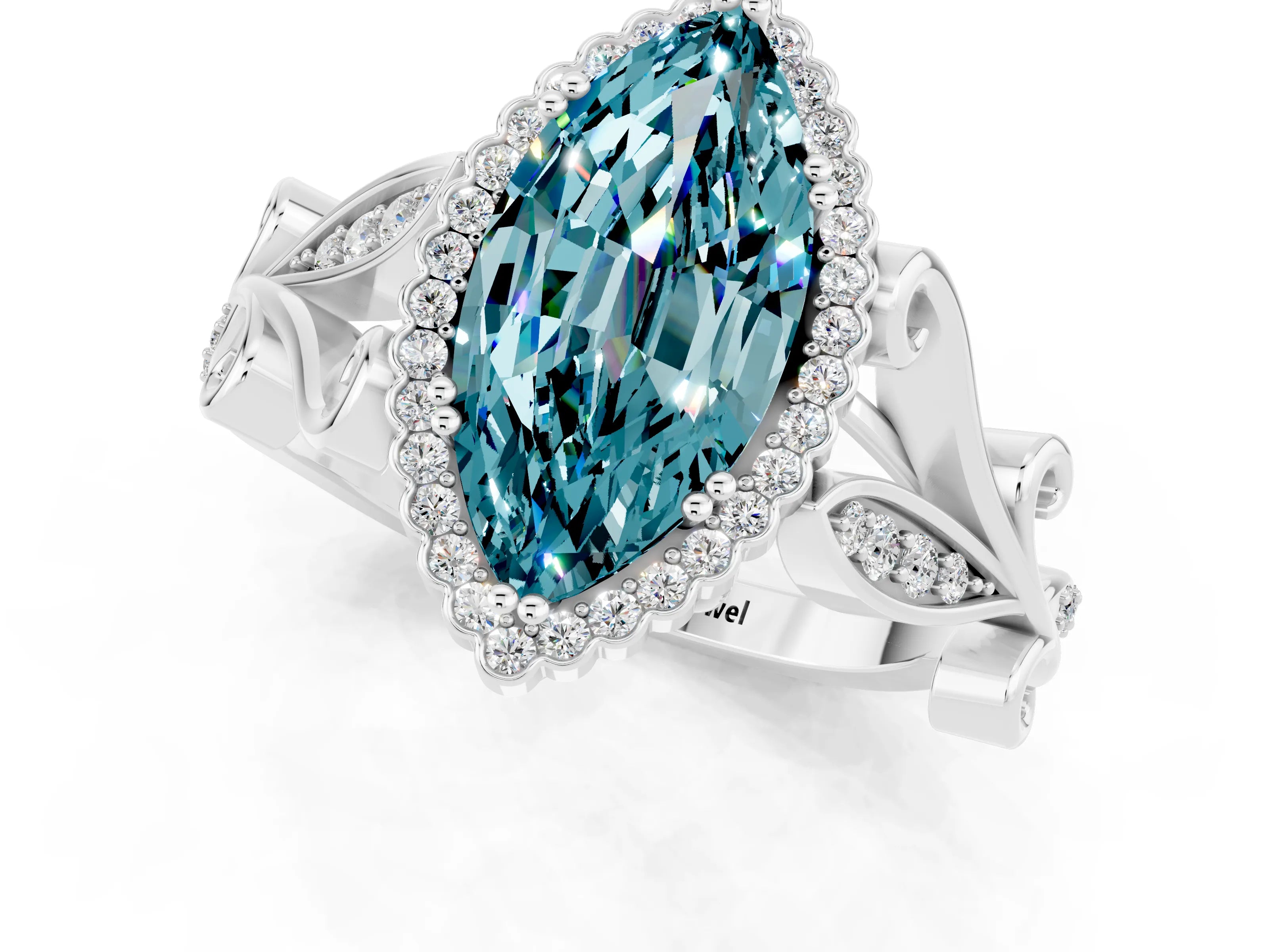 White gold Marquise Cut Blue Topaz Halo Ring with Vintage Split Shank and Four-Prong Setting_44
