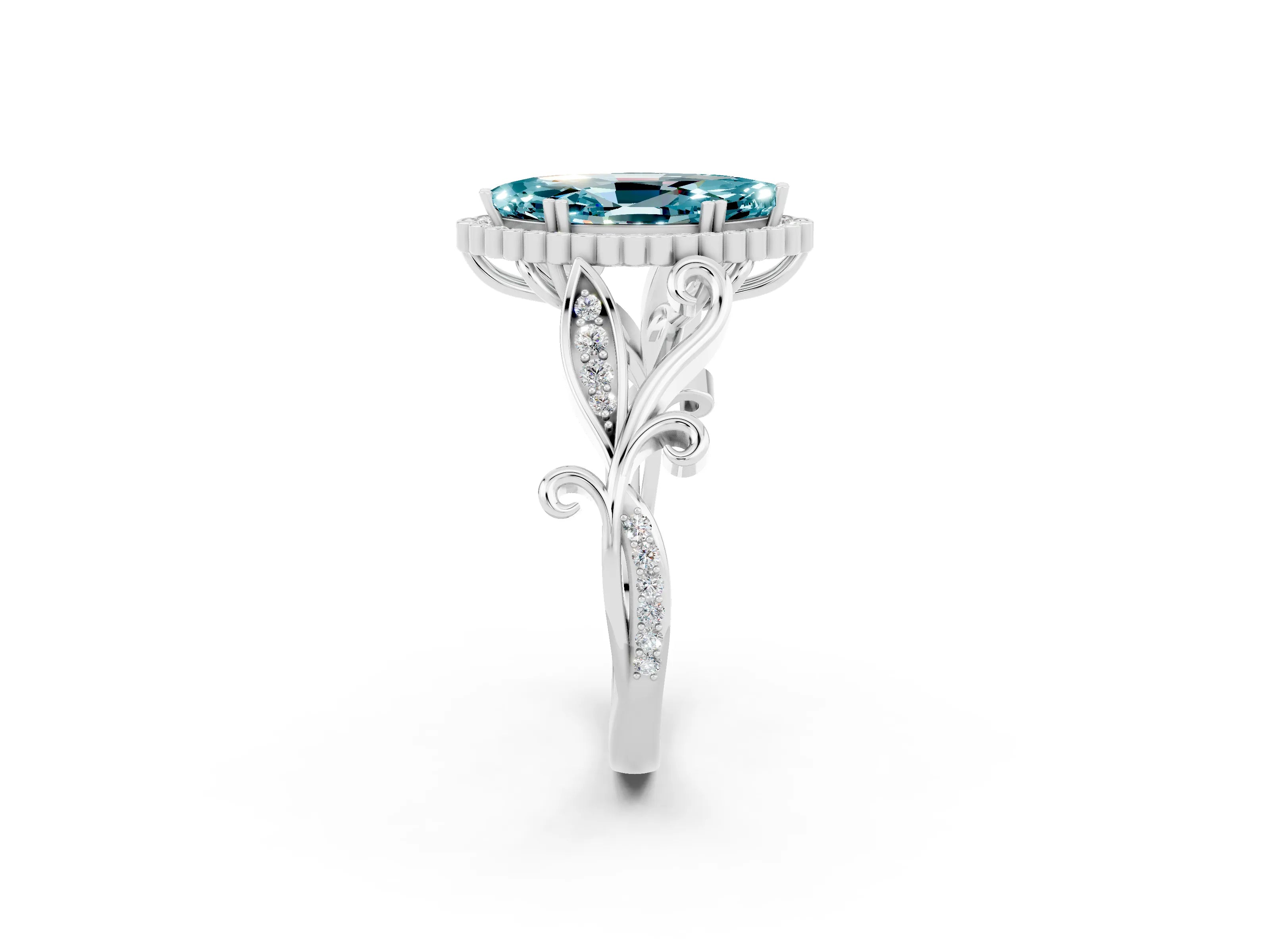 White gold Marquise Cut Blue Topaz Halo Ring with Vintage Split Shank and Four-Prong Setting_44