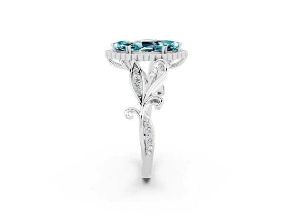 Silver Marquise Cut Blue Topaz Halo Ring with Vintage Split Shank and Four-Prong Setting